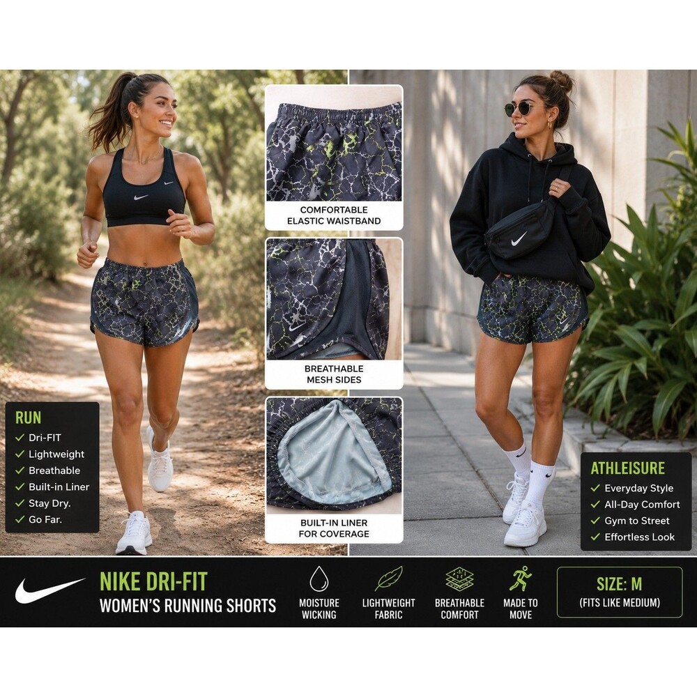 Nike Dri-FIT Women's Running Shorts Size M Black Gray Marble Print Lined...
